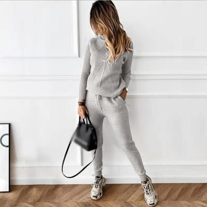 Ladies High-Neck Solid Color Fashion Casual Set
