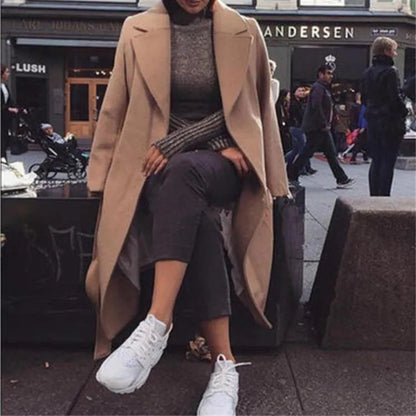 Women Fashion Lapel Pocket Pure Color Coat