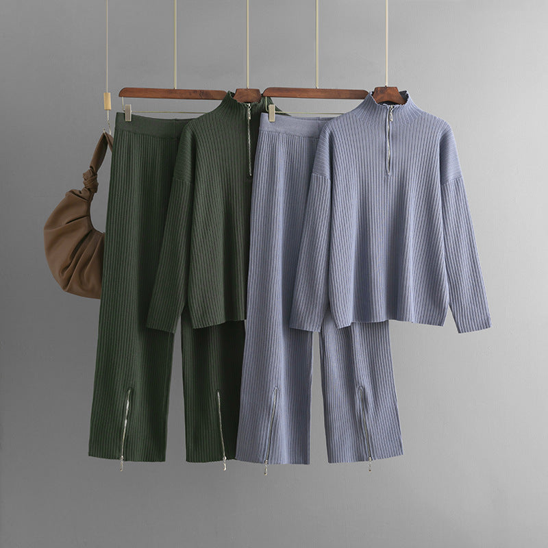 Casual Turtleneck Zipper Sweater Two-Piece Set