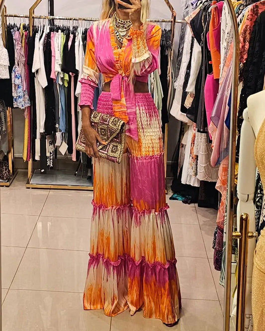 Fashion Gradient Print V-Neck Top & Pants Two-Piece Set