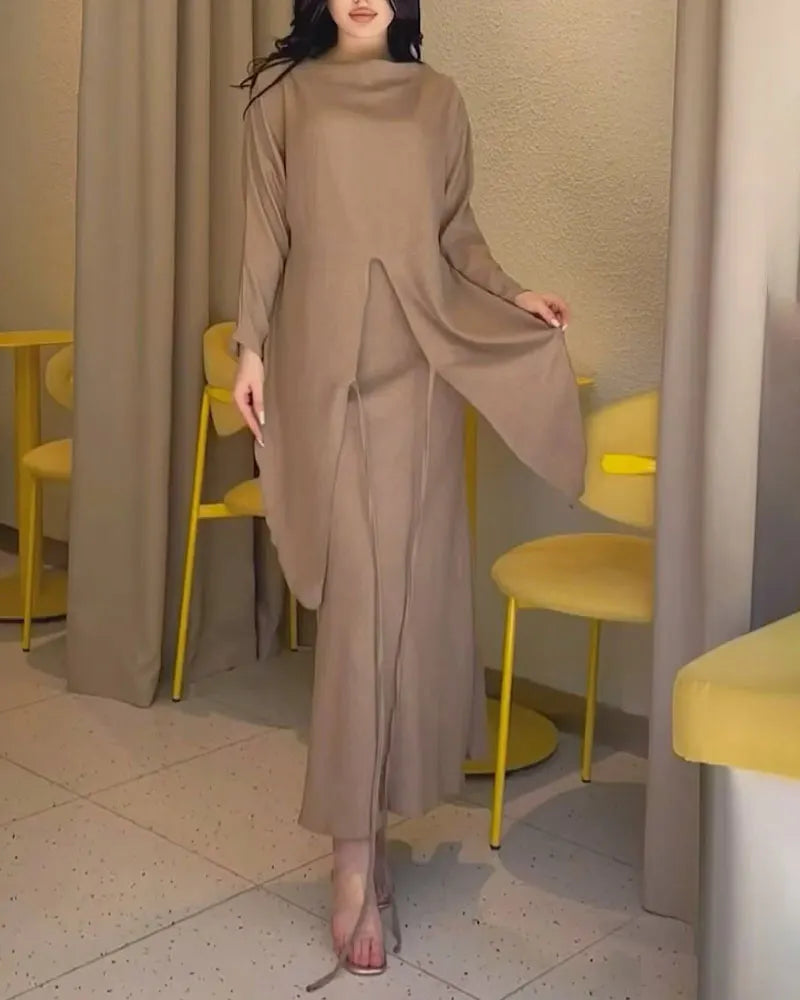 Elegant Long-Sleeve Lace-Up Top & Skirt Two-Piece Set