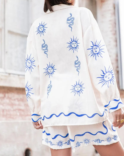 Fashion Print Linen Casual Shirt Cardigan Shorts