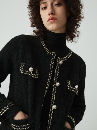 Pearl Button Contrast Trim Fuzzy Cardigan