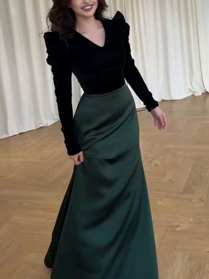 Elegant patchwork waisted maxi evening dress