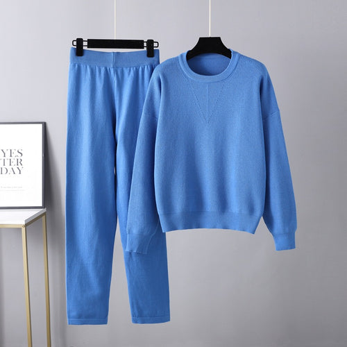 Solid color crew neck sweater knitted two-piece set