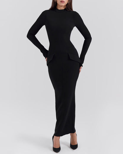 Fashion Solid Color Half High Collar Long Sleeve Dress