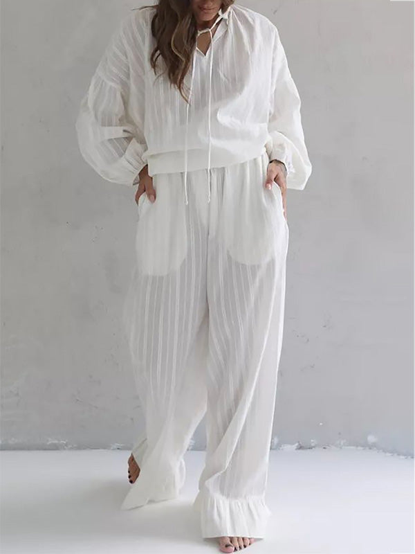 Loose Simple Cotton Long Sleeve & Trousers Two-Piece Set