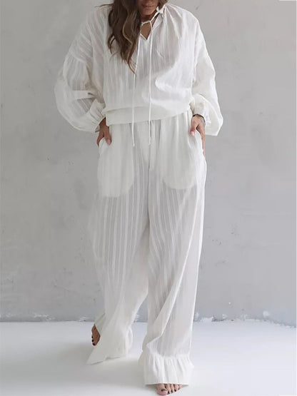 Loose Simple Cotton Long Sleeve & Trousers Two-Piece Set