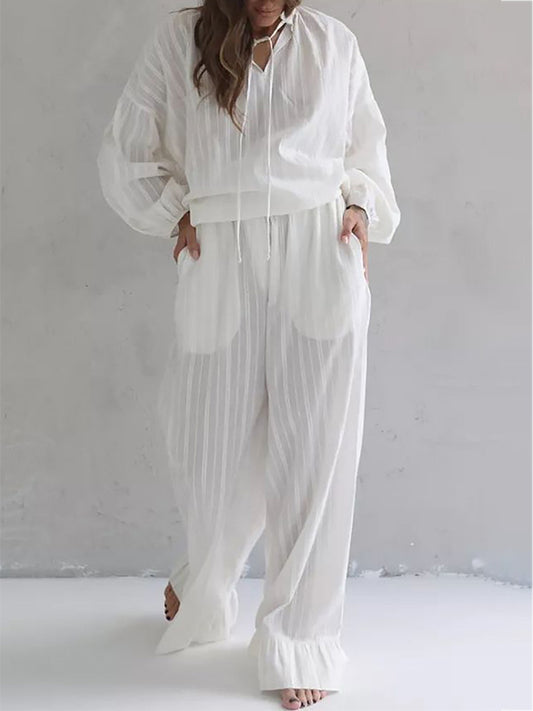Loose Simple Cotton Long Sleeve & Trousers Two-Piece Set