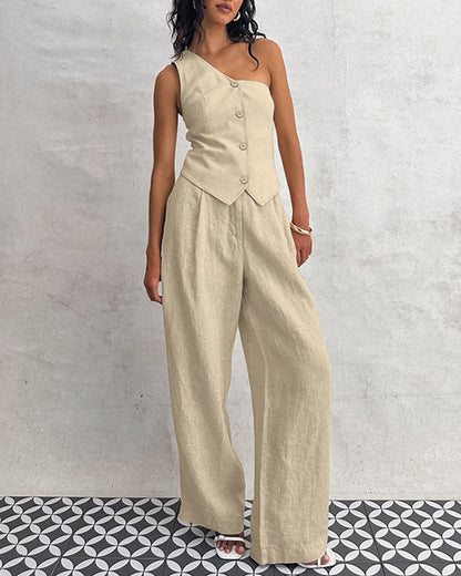 Fashion Khaki Shoulder Cotton And Linen Vest & Trousers Two-Piece Set