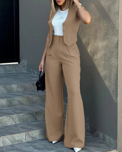 Fashion Solid Color Vest & Wide Leg Pants Two-Piece