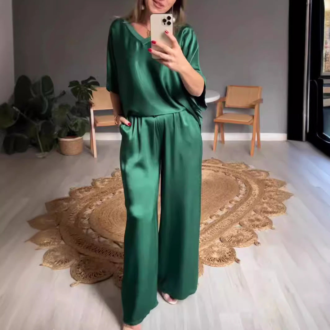 Fashion Solid Color Mercerized V-neck Casual Suit