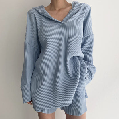 Retro hooded pit strip casual wide two-piece set