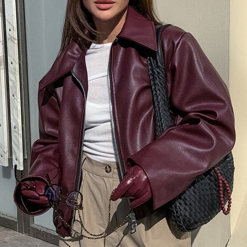 Stylish Lapel Leather Biker Jacket