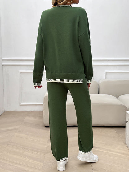 Solid Color Casual Color Matching Knit Sweater & Pant Suit