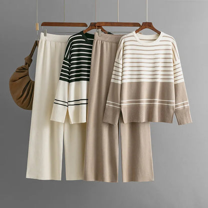 Casual Striped Crewneck Sweater Stylish Two-piece Set