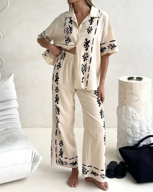 Casual Lapel Printed Shirt & Pants Two-Piece Set