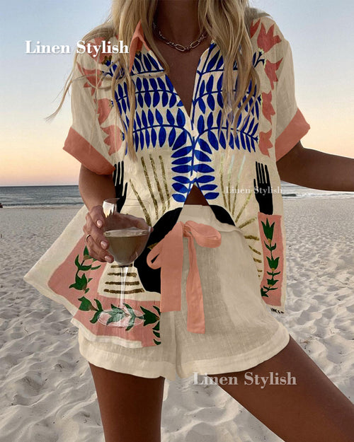 Holiday Print Short Sleeve Shirt & Shorts Two-Piece Set