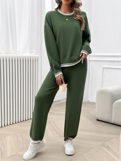 Solid Color Casual Color Matching Knit Sweater & Pant Suit