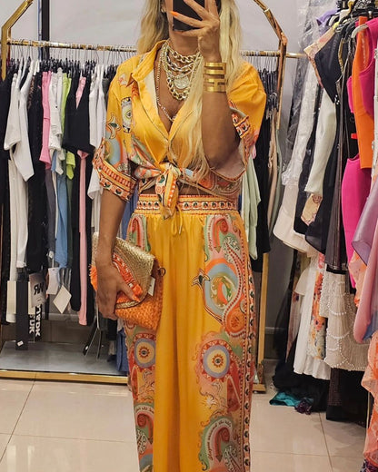 Fashion Printed Short Sleeve Shirt & Pants Two-piece Set