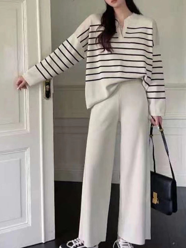 Loose Striped Knit Top and Wide-leg Pants Two-piece Set