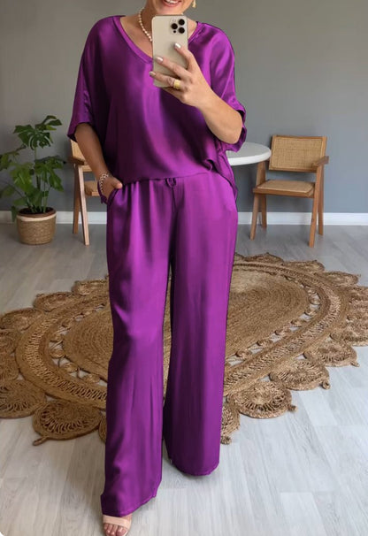 Fashion Solid Color Mercerized V-neck Casual Suit