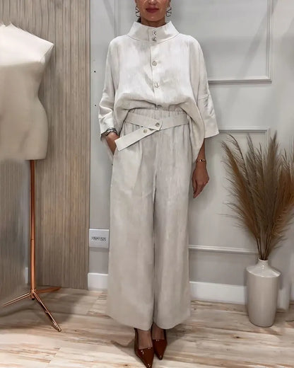 Stand collar design casual cotton and linen two-piece set