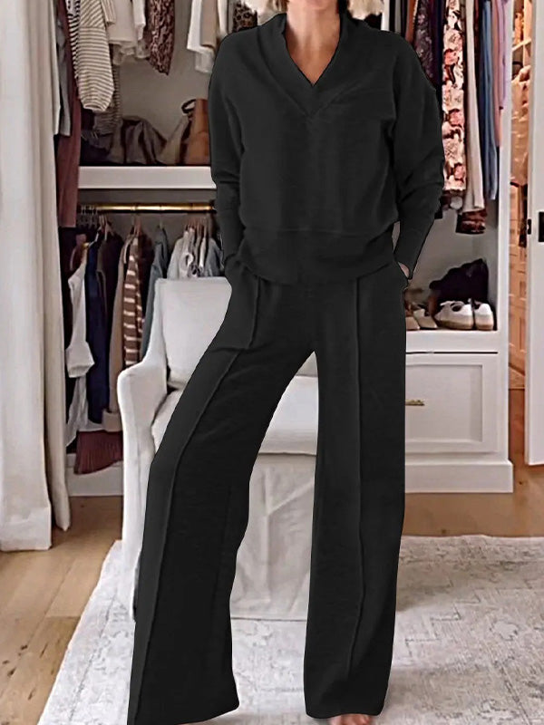 Casual V-Neck Long Sleeve Top & Wide Leg Pants Two Piece Set