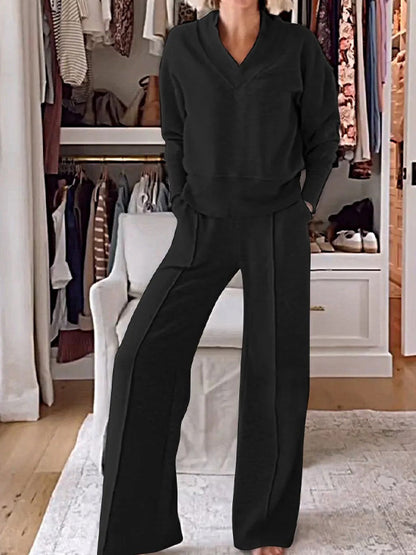 Casual V-Neck Long Sleeve Top & Wide Leg Pants Two Piece Set