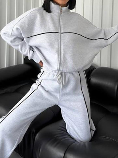 Stylish Striped Turtleneck Long-Sleeved Hoodie & Pants Two-Piece Set