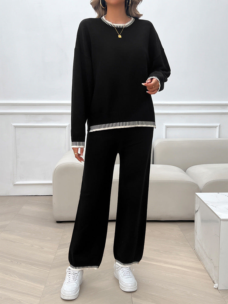 Solid Color Casual Color Matching Knit Sweater & Pant Suit