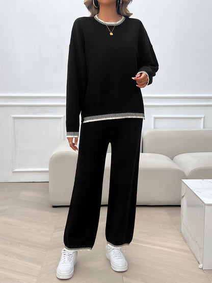 Solid Color Casual Color Matching Knit Sweater & Pant Suit