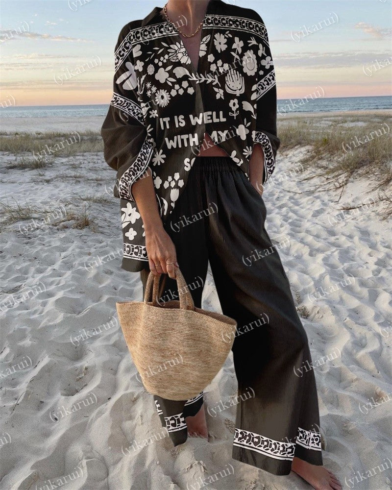 Casual Floral Print Shirt & Pants Two-piece Set