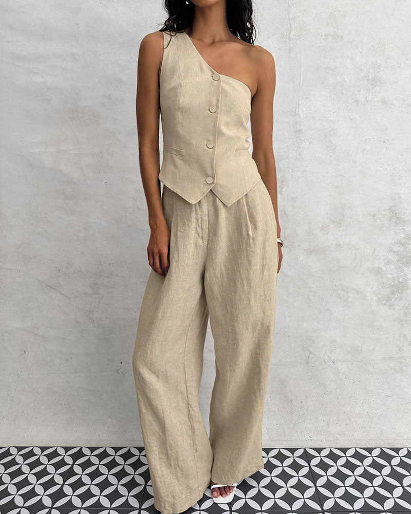 Fashion Khaki Shoulder Cotton And Linen Vest & Trousers Two-Piece Set
