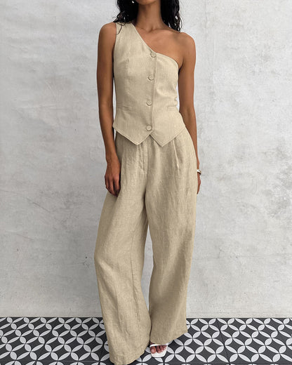 Fashion Khaki Shoulder Cotton And Linen Vest & Trousers Two-Piece Set