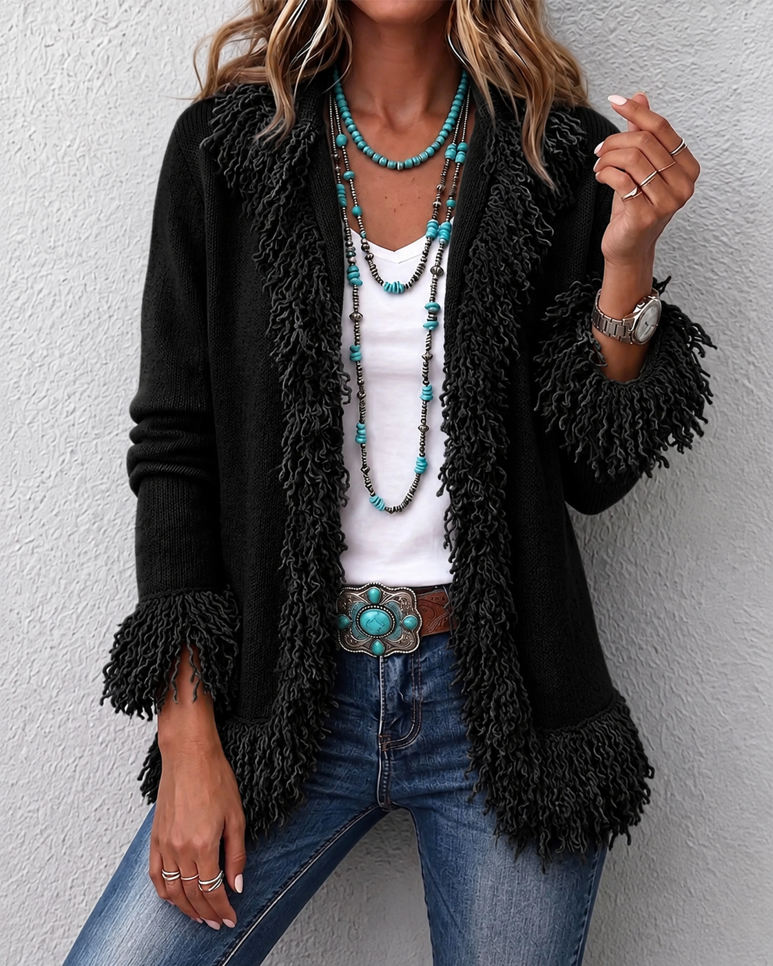 Boho Fringe Open-Front Cardigan