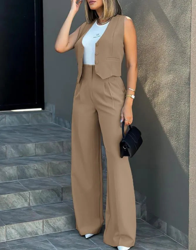Fashion Solid Color Vest & Wide Leg Pants Two-Piece
