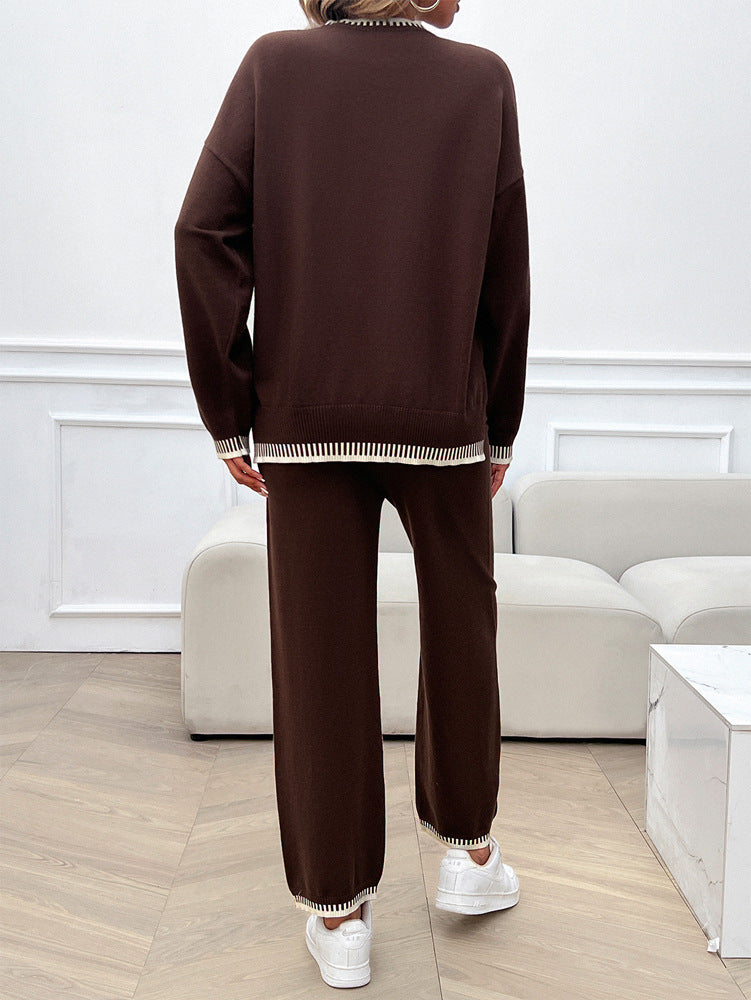 Solid Color Casual Color Matching Knit Sweater & Pant Suit