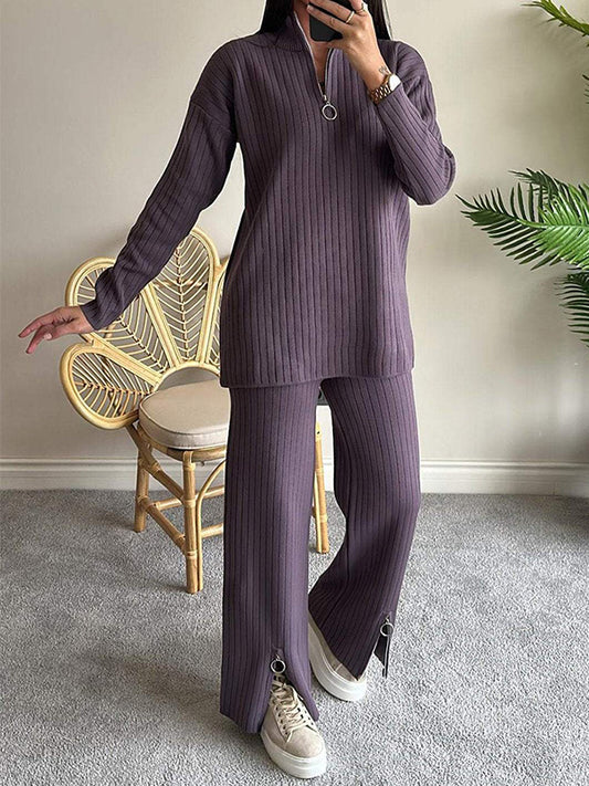 Stylish Loose Solid Color Zip Set