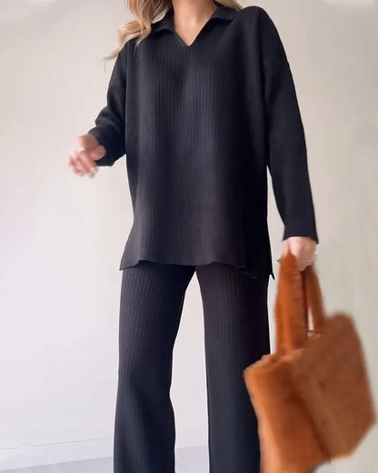 V-neck casual slit knitted two-piece set
