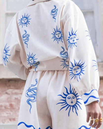 Fashion Print Linen Casual Shirt Cardigan Shorts