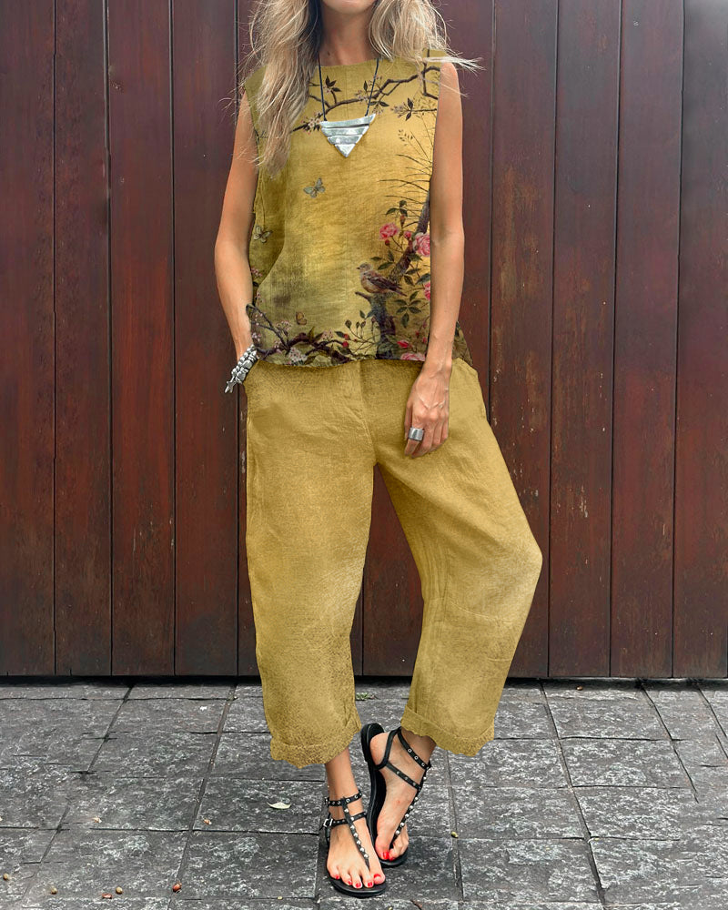 Casual Landscape Print Sleeveless Top & Pants Two-piece Set
