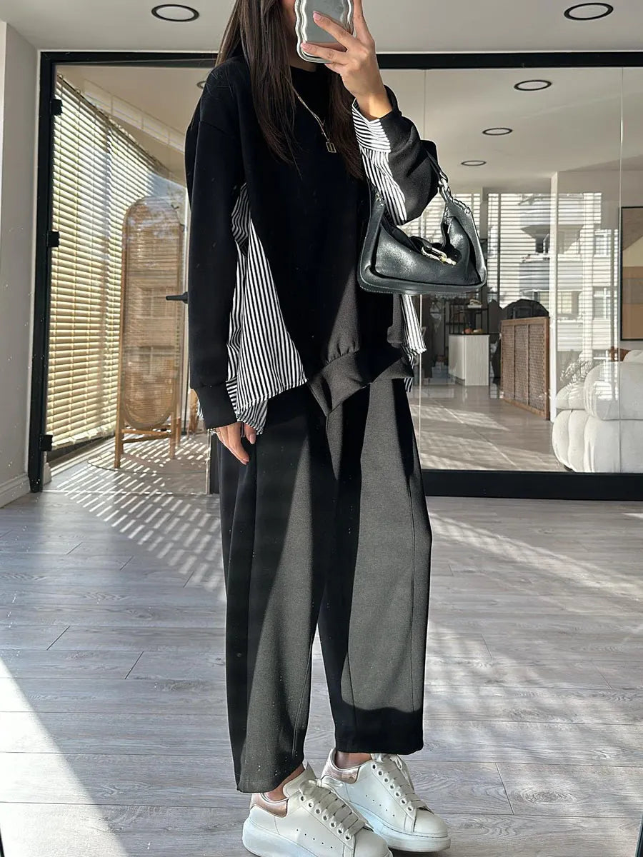 Women's striped patchwork casual two-piece set