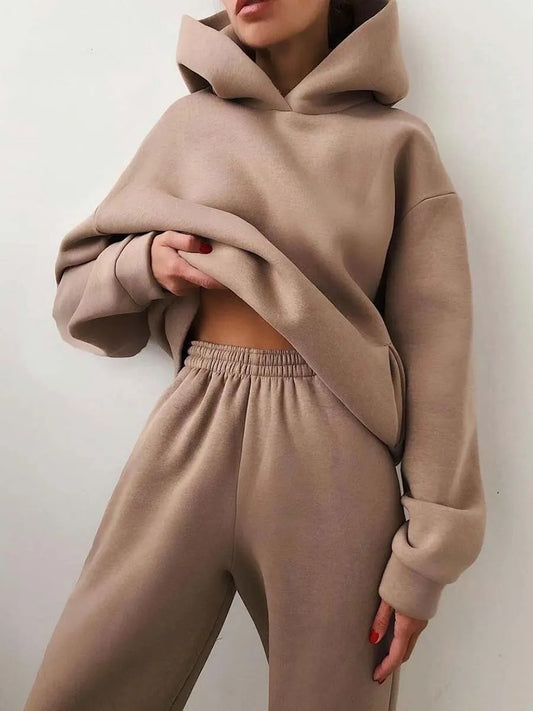 Fashion Casual Hooded Solid Color Two-piece Suit