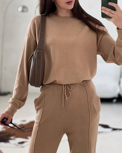 Casual round neck top and carrot pants knitted two-piece set