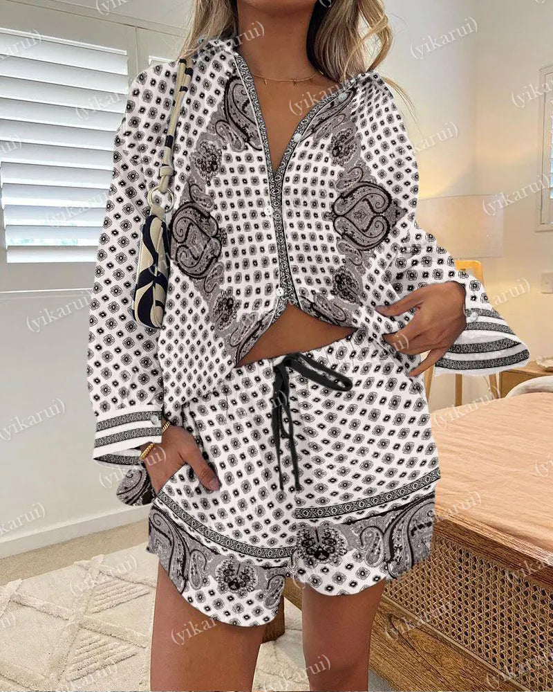 Cashew Flower Print Shirt & Shorts Two-Piece Set