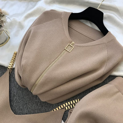 Knitted vest jacket and elasticated pants three-piece set