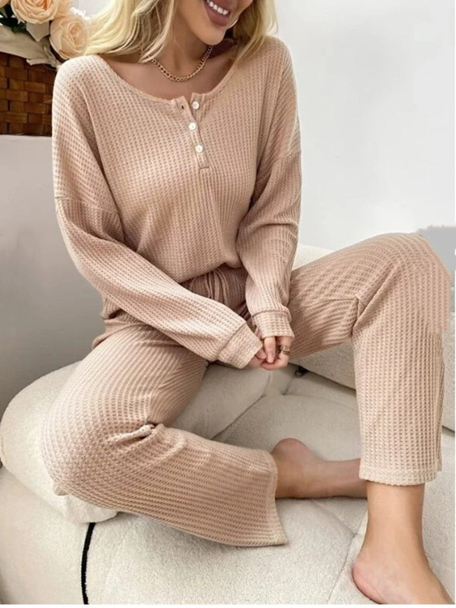 Solid Color Casual Long Sleeve Blouse & Long Pants Pajamas Two-Piece Sets