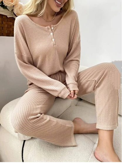 Solid Color Casual Long Sleeve Blouse & Long Pants Pajamas Two-Piece Sets