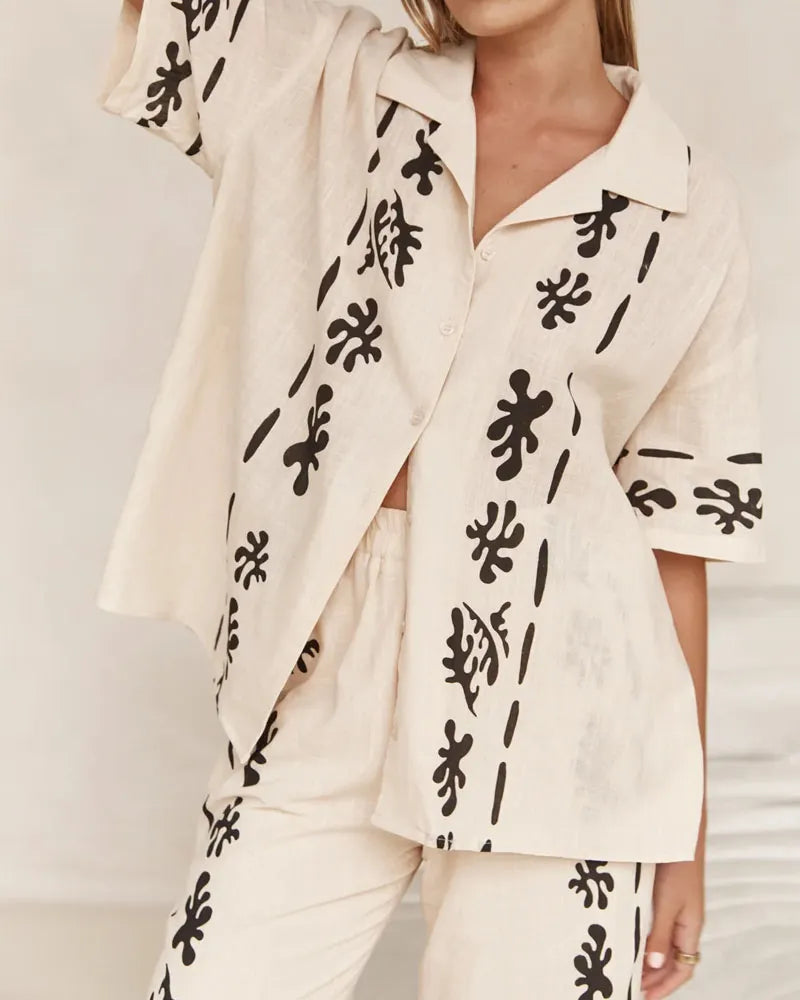 Casual Lapel Printed Shirt & Pants Two-Piece Set